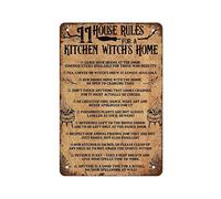 NAMEY Letrero de metal vintage con texto en inglés "House Rules for A Kitchen Witch" para Halloween, decoración de pared, arte retro, decoración divertida para el hogar, bar, pub, cafetería, granja