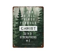 NAMEY Letrero de metal vintage con texto en inglés "I Can Do All Things Through Christ Who Strengthens Me", versículo bíblico, arte de pared, decoración de pared vintage, letrero de estaño
