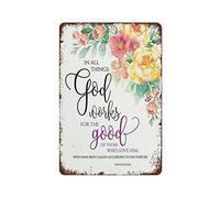 NAMEY Letrero de metal vintage con texto en inglés "In All Things God Work", cita cristiana inspiradora de la Biblia, arte de pared, decoración de pared vintage, decoraciones divertidas para el hogar
