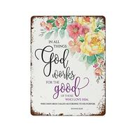NAMEY Letrero de metal vintage con texto en inglés "In All Things God Work", cita cristiana inspiradora de la Biblia, arte de pared, decoración de pared vintage, decoraciones divertidas para el hogar