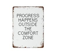 NAMEY Letrero de metal vintage con texto en inglés "Progress Happens Outside The Comfort Zone" para gimnasio, decoración de pared vintage, arte retro, decoración divertida para el hogar, bar, pub