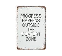 NAMEY Letrero de metal vintage con texto en inglés "Progress Happens Outside The Comfort Zone" para gimnasio, decoración de pared vintage, arte retro, decoración divertida para el hogar, bar, pub