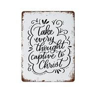 NAMEY Letrero de metal vintage con texto en inglés "Take Every Thought Captive to Christ", impresión de versículo bíblico, impresión de las Escrituras, decoración de pared retro para granja, oficina