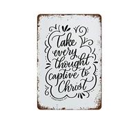 NAMEY Letrero de metal vintage con texto en inglés "Take Every Thought Captive to Christ", impresión de versículo bíblico, impresión de las Escrituras, decoración de pared retro para granja, oficina