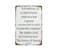 NAMEY Letrero de metal vintage con texto en inglés "Unto Us A Child is Born Unto Us A Son is Given Home" con versículo bíblico de granja, decoración de pared retro para granja, oficina, pubs, club