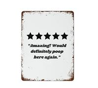 NAMEY Letrero de metal vintage con texto en inglés "Would Poop Here Again", impresión de reseña de baño de 5 estrellas, póster de inodoro, letrero de baño, decoración de pared vintage para cafeterías