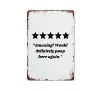 NAMEY Letrero de metal vintage con texto en inglés "Would Poop Here Again", impresión de reseña de baño de 5 estrellas, póster de inodoro, letrero de baño, decoración de pared vintage para cafeterías