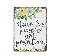 NAMEY Letrero inspirador, con texto en inglés "Strive for Progress Not Perfection", retro, de metal, vintage, decoración de pared, decoración divertida para el hogar, bar, pub, cafetería, granja