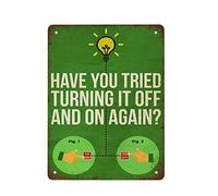 NAMEY Póster de The IT Crowd con texto en inglés "Have You Tried Turning It Off and On Again", divertido cartel de metal vintage para dormitorio, sala de estar, cocina, patio, jardín, decoración de