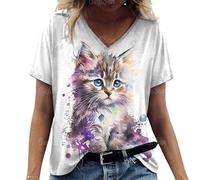 Namufeitrade 3D Animal Impreso Camiseta para Mujer Lindo Gato Patrón Verano Casual Manga Corta Cuello en V Camisetas Overszied Tops