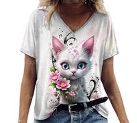 Namufeitrade 3D Animal Impreso Camiseta para Mujer Lindo Gato Patrón Verano Casual Manga Corta Cuello en V Camisetas Overszied Tops