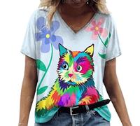 Namufeitrade 3D Animal Impreso Camiseta para Mujer Lindo Gato Patrón Verano Casual Manga Corta Cuello en V Camisetas Overszied Tops