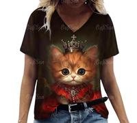 Namufeitrade 3D Animal Impreso Camiseta para Mujer Lindo Gato Patrón Verano Casual Manga Corta Cuello en V Camisetas Overszied Tops