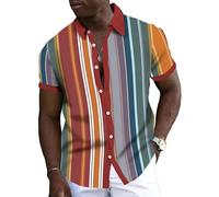 Namufeitrade Camisas Hawaianas de Rayas de Color para Hombre Moda Sencilla Camisa con Cuello y Botones Estampada en 3D Blusa para Vacaciones