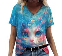 Namufeitrade Camiseta de Mujer de Moda Lindo Gato 3D Impreso Verano Harajuku Suelta Casual Kawaii V-Cuello Camisetas de Manga Corta