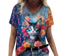 Namufeitrade Camiseta de Mujer de Moda Lindo Gato 3D Impreso Verano Harajuku Suelta Casual Kawaii V-Cuello Camisetas de Manga Corta