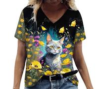 Namufeitrade Camiseta de Mujer de Moda Lindo Gato 3D Impreso Verano Harajuku Suelta Casual Kawaii V-Cuello Camisetas de Manga Corta
