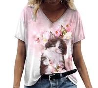 Namufeitrade Camiseta de Mujer de Moda Lindo Gato 3D Impreso Verano Harajuku Suelta Casual Kawaii V-Cuello Camisetas de Manga Corta