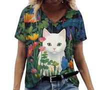 Namufeitrade Camiseta de Mujer de Moda Lindo Gato 3D Impreso Verano Harajuku Suelta Casual Kawaii V-Cuello Camisetas de Manga Corta