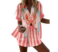 Namufeitrade Criatura del Mar Oceánica Camisa de Manga Corta para Mujer con Botones Impresa en 3D Pantalones Cortos con Cintura Elástica Conjuntos de Playa