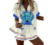 Namufeitrade Criatura del Mar Oceánica Camisa de Manga Corta para Mujer con Botones Impresa en 3D Pantalones Cortos con Cintura Elástica Conjuntos de Playa
