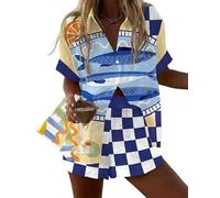 Namufeitrade Criatura del Mar Oceánica Camisa de Manga Corta para Mujer con Botones Impresa en 3D Pantalones Cortos con Cintura Elástica Conjuntos de Playa