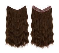 Namzi Extensiones de cabello de alambre grueso, rizado, ondulado, invisible, extensión secreta, clip de hilo de pez, postizo sintético para mujer, 16 pulgadas, color caoba