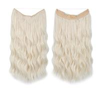 Namzi Extensiones de cabello de alambre grueso, rizado, ondulado, invisible, extensión secreta, clip de línea de pez, postizo sintético para mujer, 16 pulgadas, rubio blanco