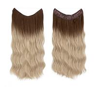 Namzi Extensiones de cabello de alambre grueso, rizado, ondulado, invisible, extensión secreta, clip de línea de pez, postizo sintético para mujer, 20 pulgadas, negro a dorado claro