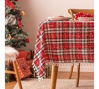 Namzi Mantel rectangular de Navidad a cuadros para decoración de fiesta de Navidad de granja, cuadrícula de cruz roja y blanca, bola de copo de nieve pequeña, tamaño de 139.7 x 259.1 cm