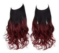 Namzi Peluca larga ondulada con línea de pescado invisible transparente de tamaño ajustable, pieza de pelo rizado, postizo secreto oculto para mujer, sin clip, 18 pulgadas, negro a rojo vino