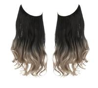 Namzi Peluca larga ondulada con línea de pescado invisible transparente de tamaño ajustable, pieza de pelo rizado, postizo secreto oculto para mujer, sin clip, 22 pulgadas, negro a rubio