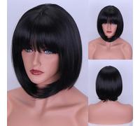 Namzi Pelucas cortas y rectas con flequillo de aire, peluca marrón miel para mujer, longitud de hombro, pelucas de pelo de fibra resistente al calor, color negro