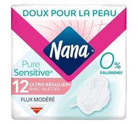 Nana PureSensitive - Servilletas higiénicas ultra regulares Plus, flujo moderado, 0% alergénico, perfume, colorante, 12 servilletas con aletas