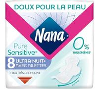 Nana PureSensitive - Toallas higiénicas Ultra Noche Plus para la Noche - Flujo muy Abonante - 0% Allergène* Fragancia Colorante - 8 servilletas con aletas