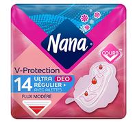 Nana Ultra Regular Plus Deo Toallas Higiénicas Con Aletas, Flujo Moderado, 14 Servilletas En Bolsa Individual
