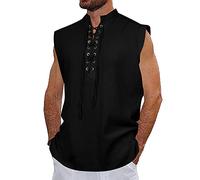 NANAMEEI Camisa medieval para hombre sin mangas de lino y algodón, traje pirata vintage, cuello Mao, túnica con cordones vikingos, Negro , 3XL
