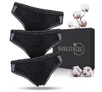 NANASPHERE Lote de 3 Braguitas Menstruales Ultra Absorbentes Algodón Orgánico + Bolsa | Flujo Abundante Ropa Interior Menstruación Pérdidas Postparto (FR/ES, Letras, XS, Regular, Regular, Negro)