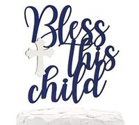 NANASUKO Adorno para tarta - Bless this child - Purpurina azul marino de doble cara con cruz de ópalo blanco - Calidad premium Fabricado en EE. UU. - azul marino con blanco