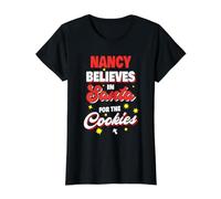 Nancy cree en Santa: el Divertido Nombre navideño de Nancy Camiseta gráfica económica, Mujer, Negro, XS