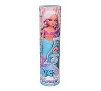 Nancy Magic Colour Mermaid, Muñeca 100% Sirena, Cola y Bikini Cambian de Color con el Agua, Melena Rubia con Mechas Moradas y Pendientes en Forma de Concha, Desde 3 Años