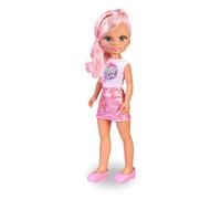 Nancy Shine - Pink, Muñeca con el Pelo Largo con Mechones Metalizados de Color Rosa, Vestido de Falda Rosa Metalizada y Top Blanco, y Zapatos Rosas a Juego, 3 años, Famosa (NAC70210)