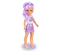 Nancy Shine - Purple, Muñeca con el Pelo Largo con Mechones Metalizados de Color Morado, Vestido de Falda Morada Metalizada y Top Blanco, y Zapatos Morados a Juego, 3 años, Famosa (NAC70310)