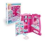 Nancy Vanity Closet, Armario y Tocador, Tocador con Espejo y Armario con Barras y Cajones para la Muñeca, Incluye Biombo, Asiento y Percha para la Ropa, Famosa (NAC94000)
