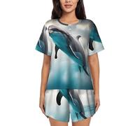 nanger Divertido conjunto de ropa de dormir de manga corta para mujer, diseño de delfín mirando a ti, pijama suave con botones en la parte superior, Negro -, M