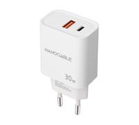 NANOCABLE 10.10.2011 - Cargador USB-C PD y USB-A QC 30W, Doble Puerto para Carga Rápida, Compacto y Compatible, Color Blanco
