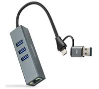 NANOCABLE 10.03.0412 - Conversor USB-C+USB-A/M 3.0 a Ethernet + 3xUSB-A 3.0, Aluminio, Gris, 15 cm