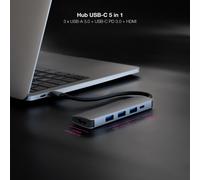 Nanocable - Hub USB-C 5 en 1, Conversor USB-C 3.1 a 3xUSB-A 3.0 + USB-C PD + HDMI, Aluminio, Gris, 18 cm