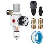 NANPU 1/4" BSP Filtro Regulador de Aire, Separador de Agua y Reductor de Presión, Elemento de Latón de 5 μm, Recipiente de Polietileno, Drenaje Semiautomático, Soporte de Metal, Manómetro de 0-10 Bar