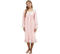 Nanxson Camisón de Algodón para Mujer Camisón Princesa Victoriana de Encaje con Volantes y Lazo(M,Largo-Rosa)